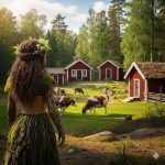 En skogsfrun står med en blomkrans i håret och tittar ut mot suina kor och sina stugor