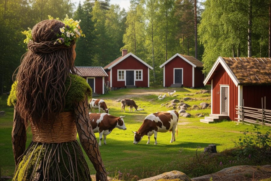 En skogsfrun står med en blomkrans i håret och tittar ut mot suina kor och sina stugor