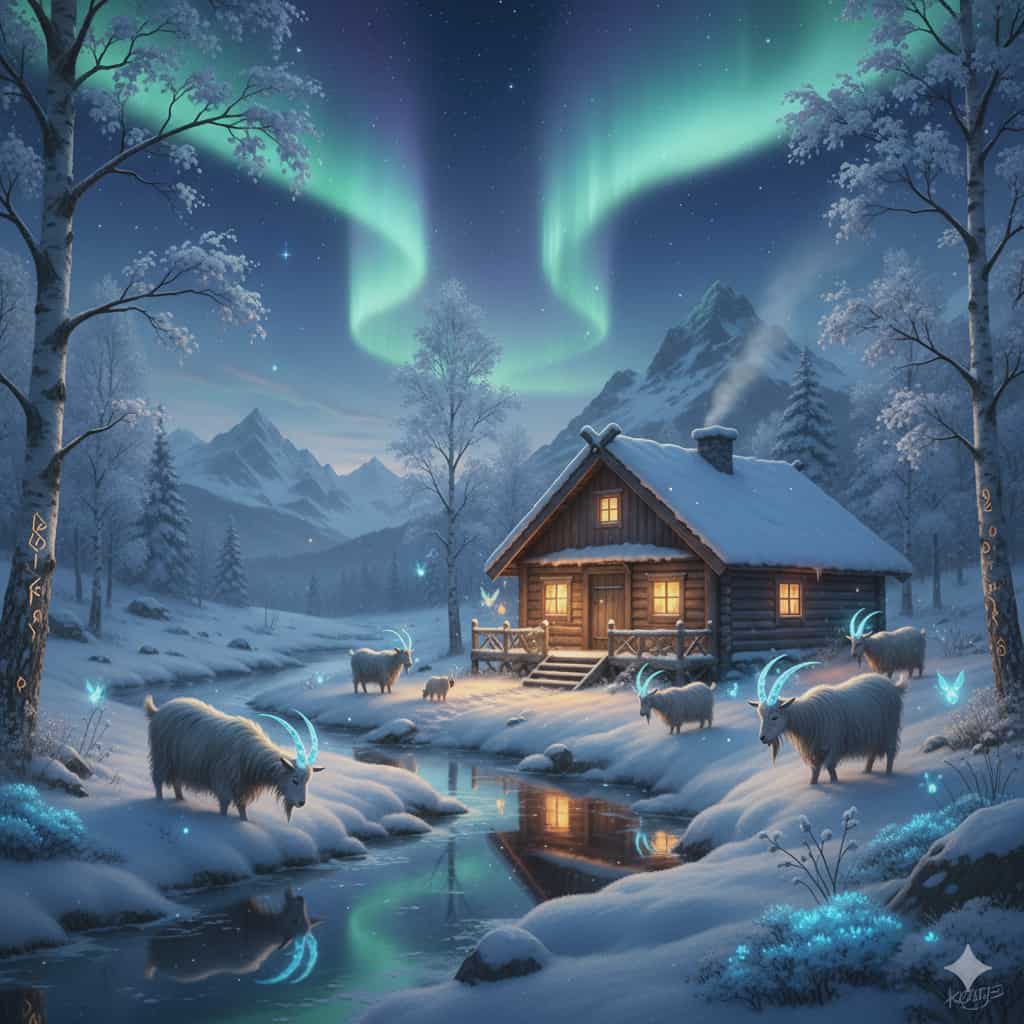 En Ai generad tecknad bild med getter utanför en stuga med ett vattendrag som lugnt rinner förbi, i vinterskrud