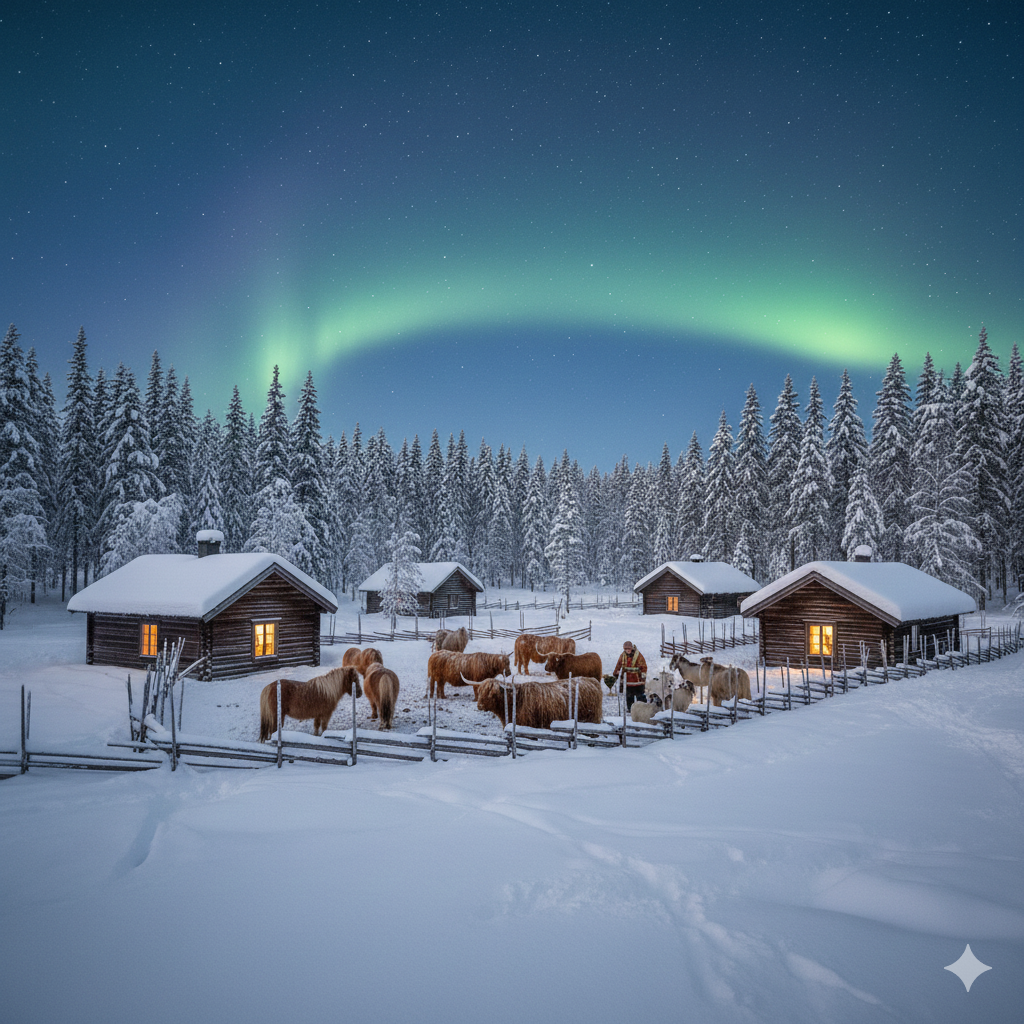 En AI generad bild på en massa djur ut bland fäbodarna under vintertid. Himlen lyser klart i norrsken, och bland alla djur tår det en människa och matar djuren.
