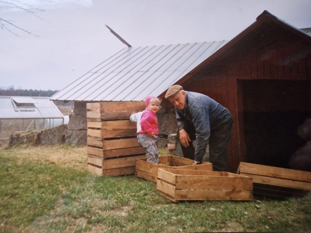 Jag, Sara, och farfar Hans ute och förbereder för att sätta potatisen.