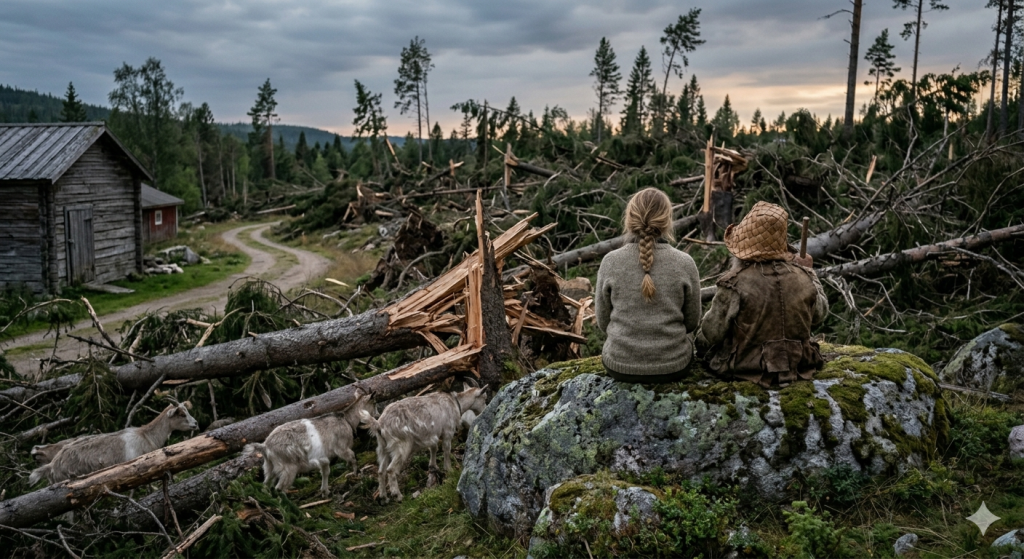 Två barn sitter på en sten och tittar ut mot den förstörda skogen efter skogsvägen. Det ser ut som skogen har blivit förstörd av en storm.