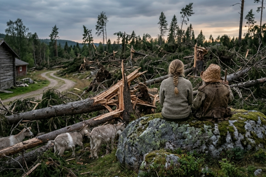 Två barn sitter på en sten och tittar ut mot den förstörda skogen efter skogsvägen. Det ser ut som skogen har blivit förstörd av en storm.