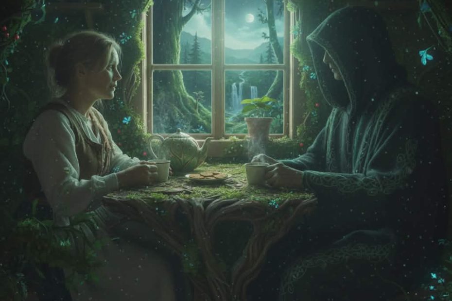 En kvinna som istter vid ett bord i sin stuga och dricker te, framför henne sitter döden.
