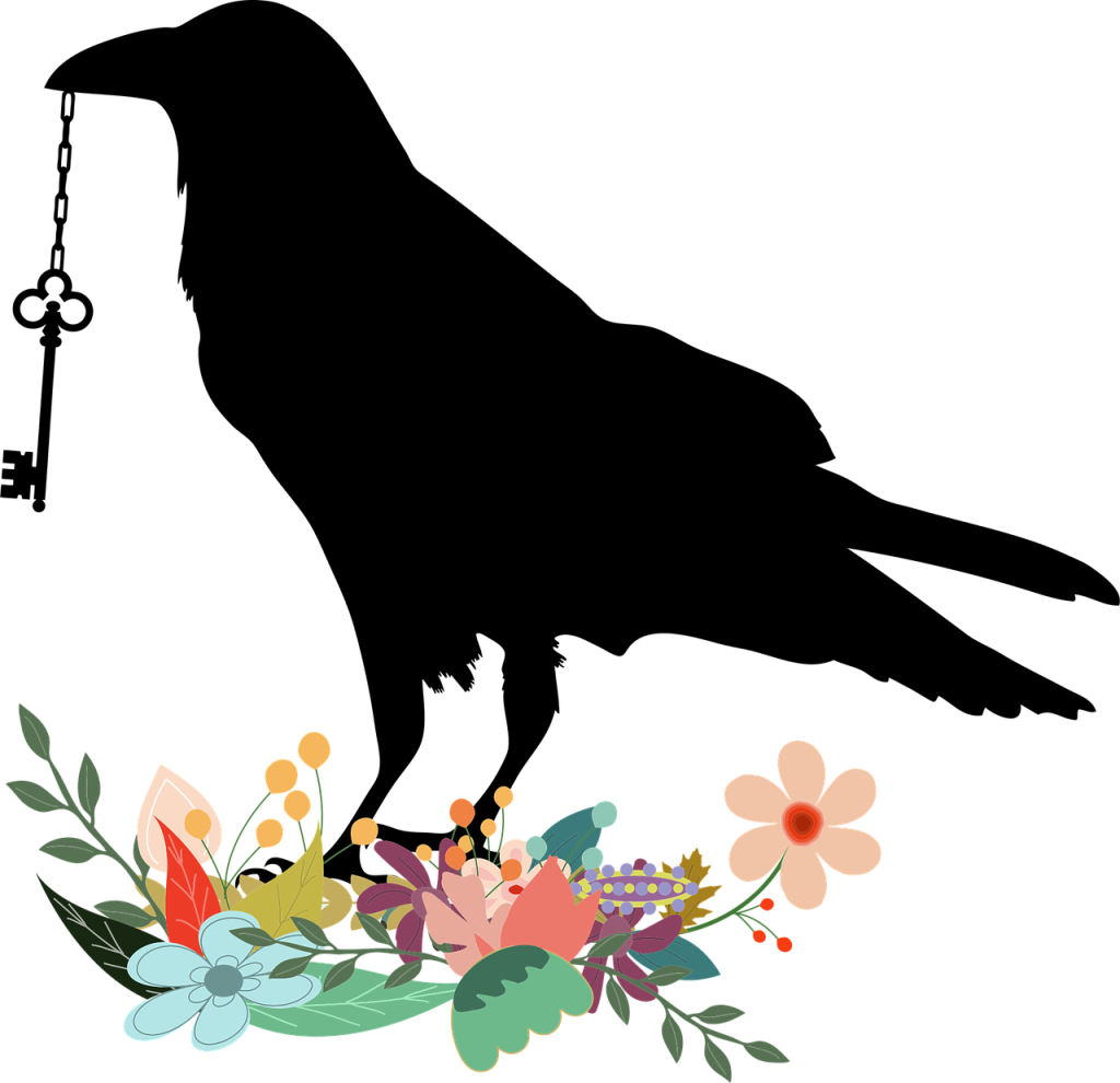 En korp med en nyckel i näbben och med färgglada blommor runt om sig
