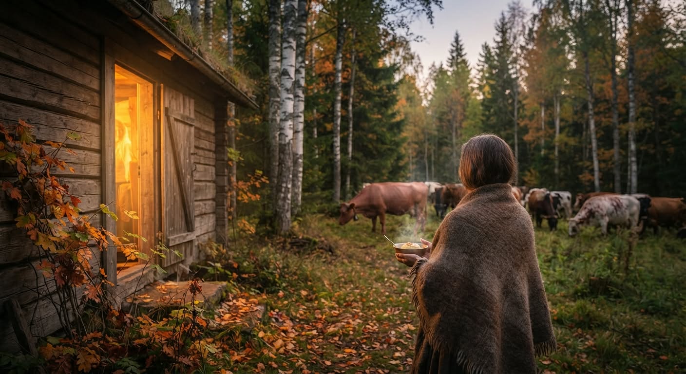 en kvinna står utanför en stuga i skogen med en skål i handen, runt axlarna har hon en sjal. Runt henne är det en massa kor.